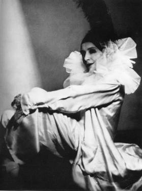 Karen Blixen dressed in the Pierrot costume.  Photo by Rie Nissen, 1954. Royal Library of Copenhagen.  