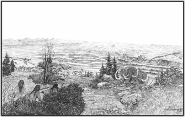 Reconstruction of Calgary, Alberta, 11,000 years ago.  Drawing by Robin Brierly, 1984.  CLICK IMAGE FOR FULL ARTICLE